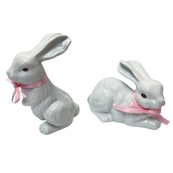White Ceramic Bunny Pair with Pink Bows – Easter or Spring Decor – Set of 2 - Picture 4 of 5